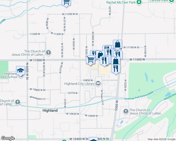 map of restaurants, bars, coffee shops, grocery stores, and more near 5538 West Turin Lane in Highland