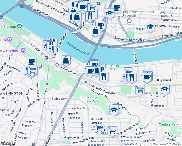 map of restaurants, bars, coffee shops, grocery stores, and more near 333 East Carson Street in Pittsburgh