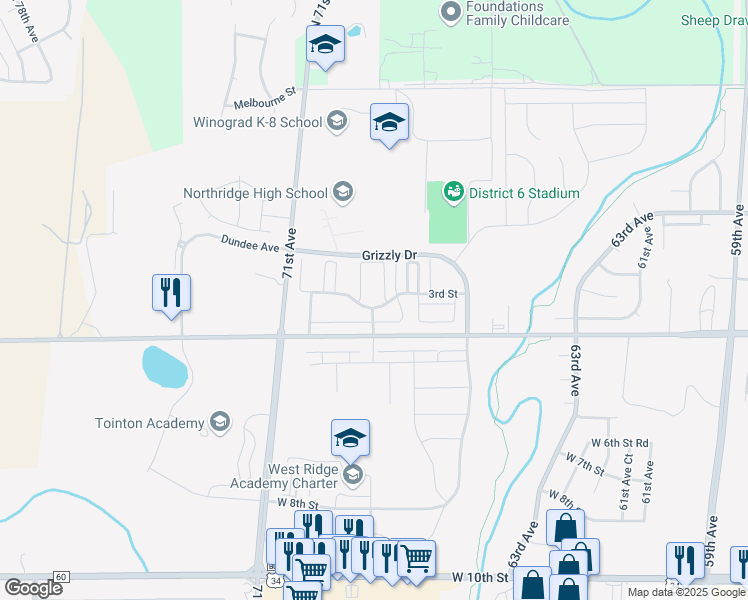 map of restaurants, bars, coffee shops, grocery stores, and more near 6901 West 3rd Street in Greeley