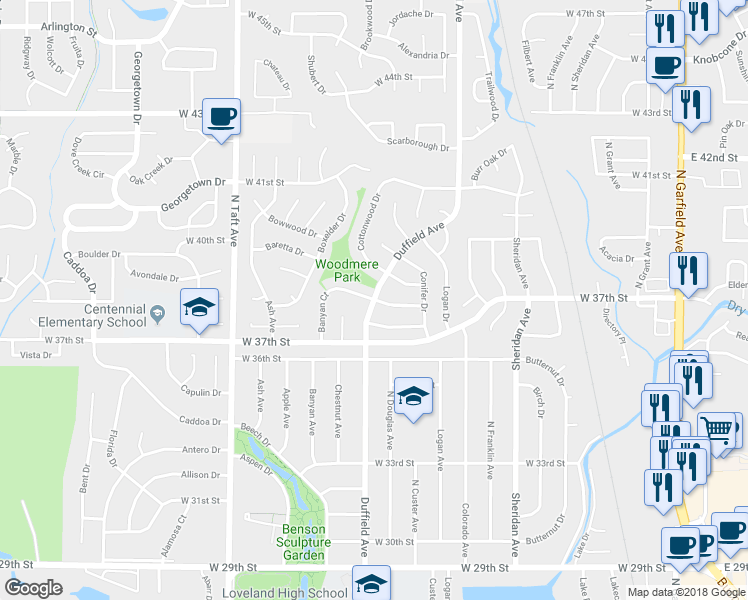 map of restaurants, bars, coffee shops, grocery stores, and more near 3664 Duffield Avenue in Loveland