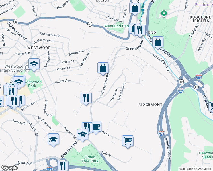 map of restaurants, bars, coffee shops, grocery stores, and more near 120 Verna Street in Pittsburgh
