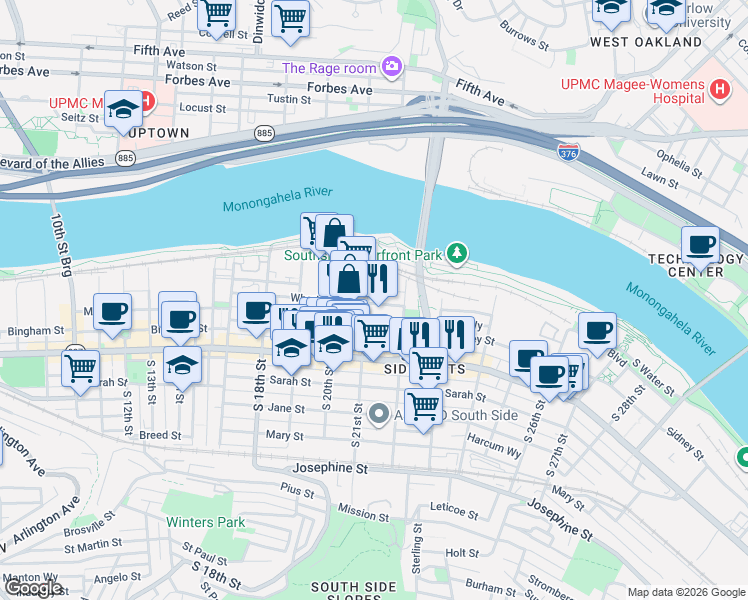 map of restaurants, bars, coffee shops, grocery stores, and more near 2105 Wharton Street in Pittsburgh
