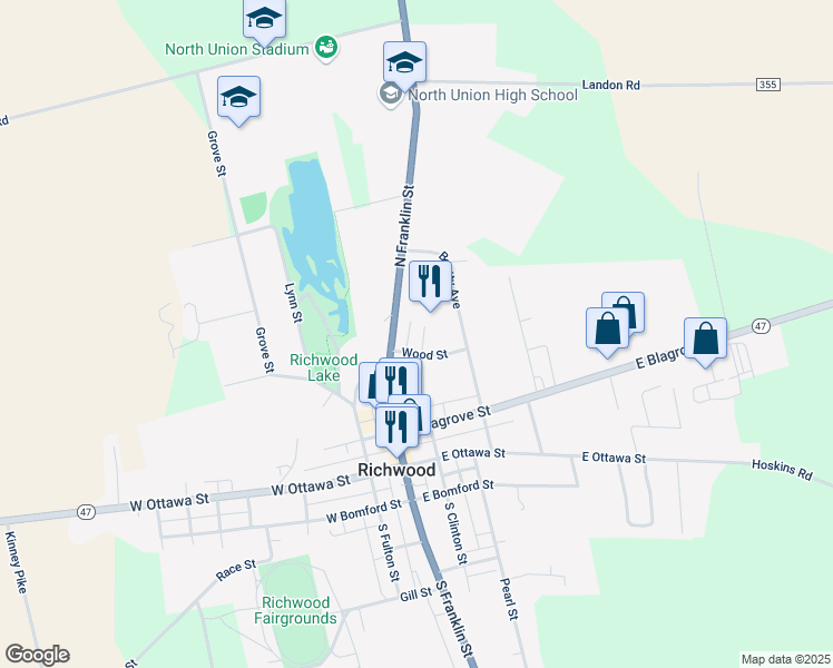map of restaurants, bars, coffee shops, grocery stores, and more near 222 North Franklin Street in Richwood