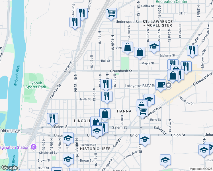 map of restaurants, bars, coffee shops, grocery stores, and more near 1305 Morton Street in Lafayette
