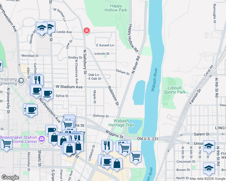 map of restaurants, bars, coffee shops, grocery stores, and more near 176 East Stadium Avenue in West Lafayette