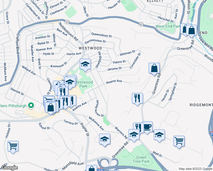 map of restaurants, bars, coffee shops, grocery stores, and more near 1860 Elmdale Road in Pittsburgh