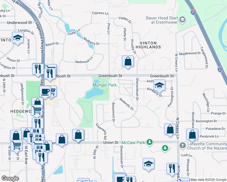 map of restaurants, bars, coffee shops, grocery stores, and more near 1304 Redondo Court in Lafayette