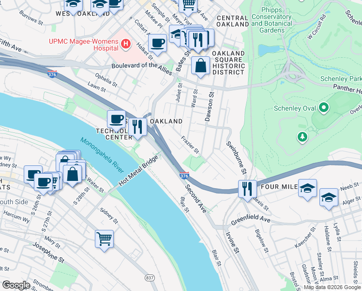 map of restaurants, bars, coffee shops, grocery stores, and more near 3524 Frazier Street in Pittsburgh