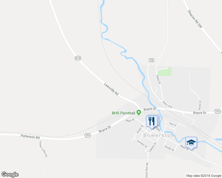 map of restaurants, bars, coffee shops, grocery stores, and more near Leesville Road in Bowerston