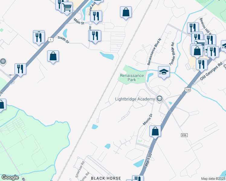 map of restaurants, bars, coffee shops, grocery stores, and more near Alex Drive in North Brunswick Township