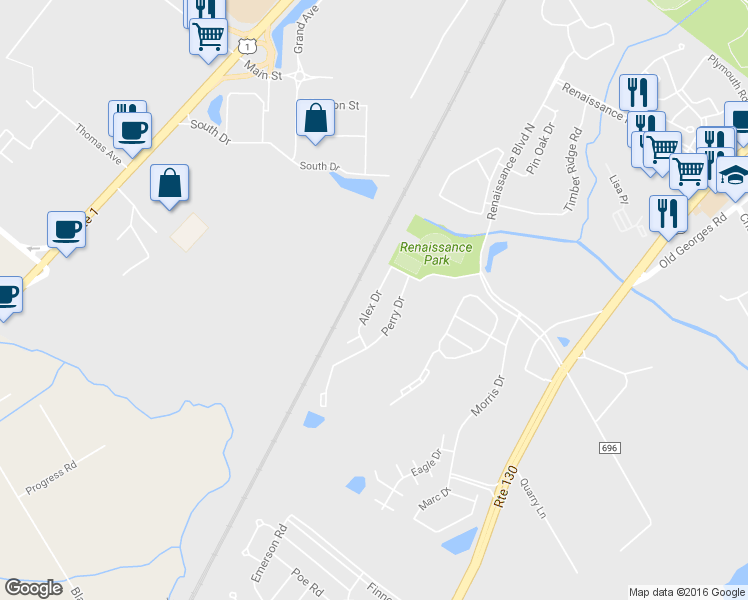 map of restaurants, bars, coffee shops, grocery stores, and more near Alex Drive in North Brunswick Township