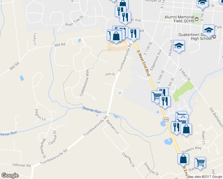 map of restaurants, bars, coffee shops, grocery stores, and more near 205 Trumbauersville Road in Quakertown