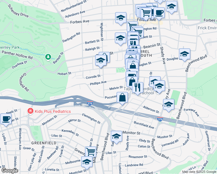 map of restaurants, bars, coffee shops, grocery stores, and more near 5617 Melvin Street in Pittsburgh