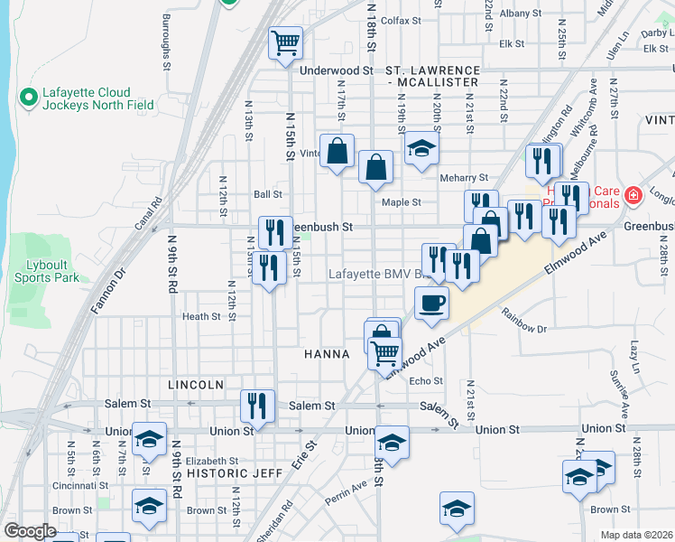 map of restaurants, bars, coffee shops, grocery stores, and more near 1711 Morton Street in Lafayette