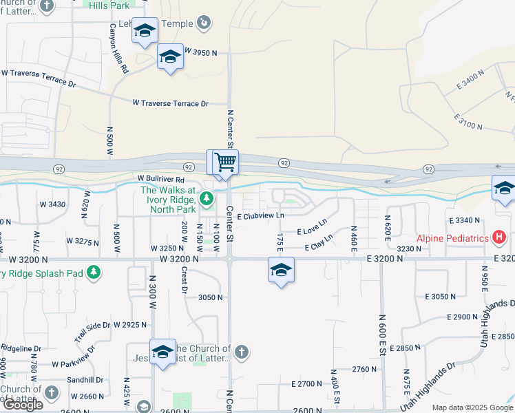 map of restaurants, bars, coffee shops, grocery stores, and more near 3453 North Ace Lane in Lehi