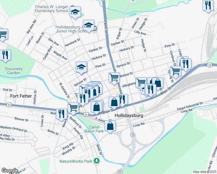 map of restaurants, bars, coffee shops, grocery stores, and more near 510 Walnut Street in Hollidaysburg