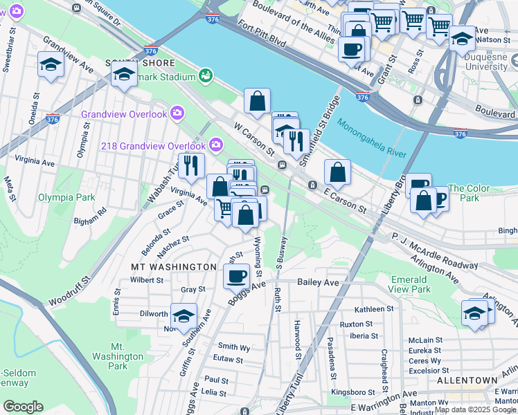 map of restaurants, bars, coffee shops, grocery stores, and more near 123 Shiloh Street in Pittsburgh