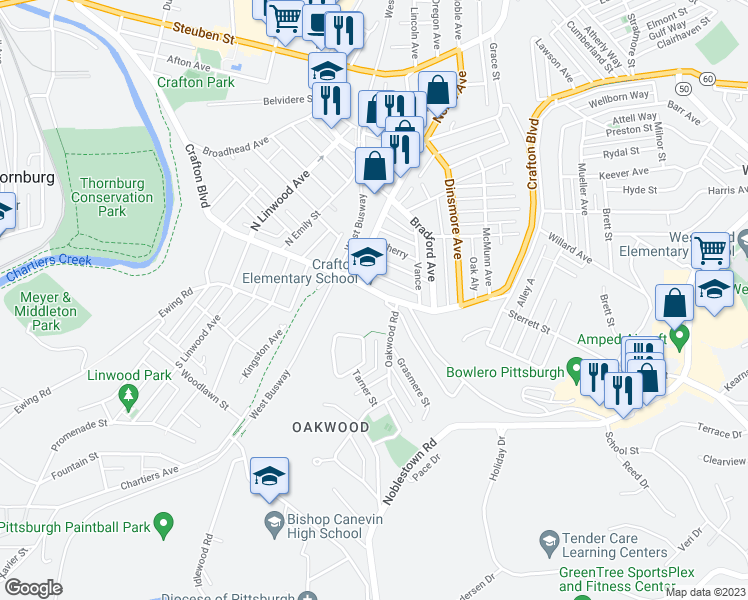 map of restaurants, bars, coffee shops, grocery stores, and more near 1874 Crafton Boulevard in Crafton