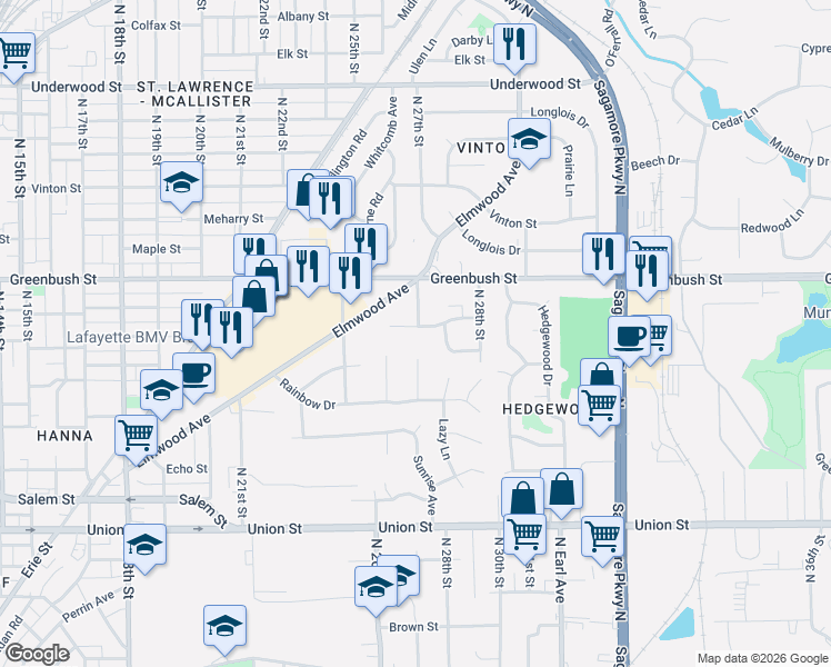 map of restaurants, bars, coffee shops, grocery stores, and more near 2618 Bonny Lane in Lafayette