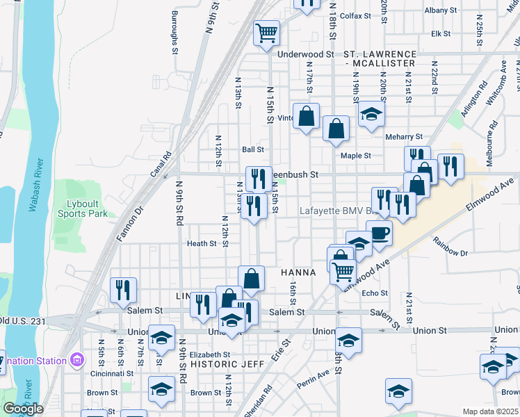 map of restaurants, bars, coffee shops, grocery stores, and more near 1328 North 15th Street in Lafayette