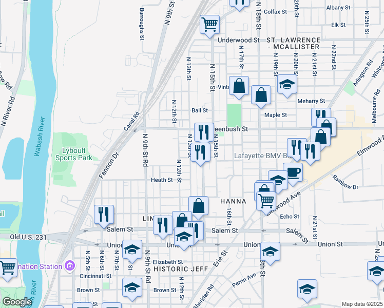 map of restaurants, bars, coffee shops, grocery stores, and more near 1305 Morton Street in Lafayette