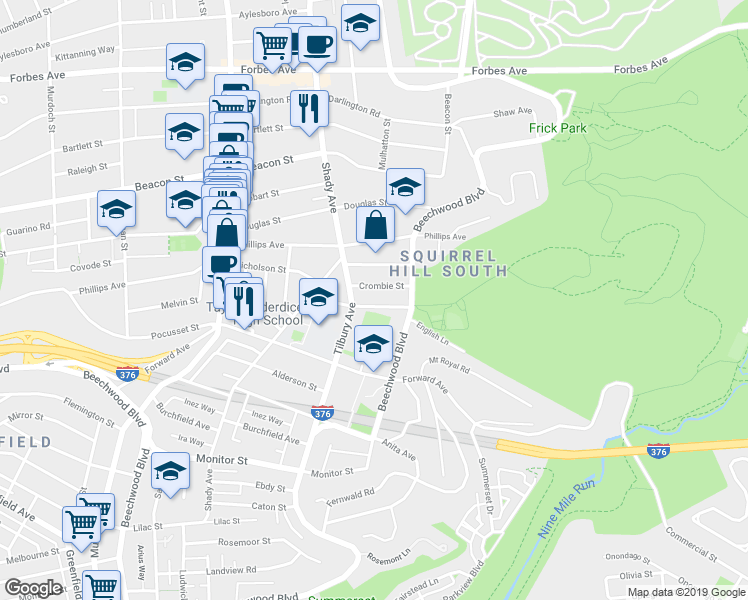 map of restaurants, bars, coffee shops, grocery stores, and more near 6321 Crombie Street in Pittsburgh