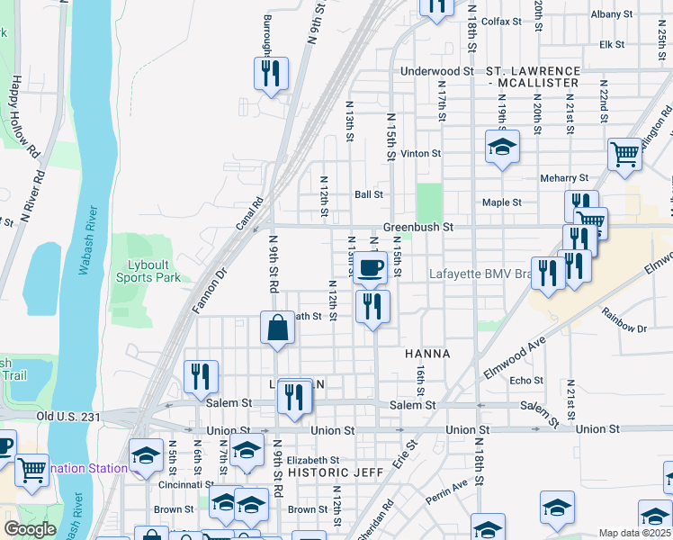 map of restaurants, bars, coffee shops, grocery stores, and more near 1203 Morton Street in Lafayette