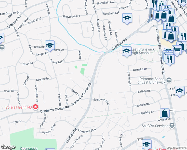 map of restaurants, bars, coffee shops, grocery stores, and more near 40 Dunhams Corner Road in East Brunswick
