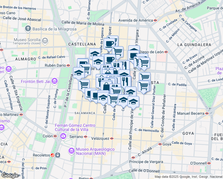 map of restaurants, bars, coffee shops, grocery stores, and more near 29 Calle de José Ortega y Gasset in Madrid