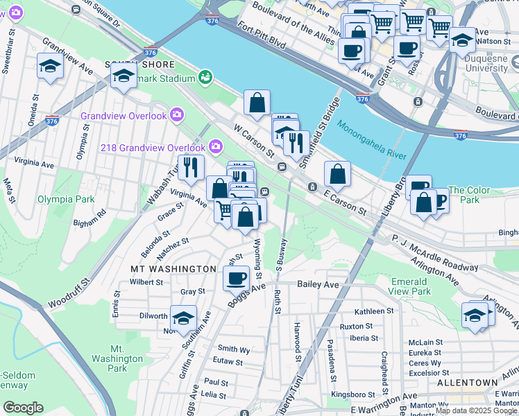 map of restaurants, bars, coffee shops, grocery stores, and more near 123 Shiloh Street in Pittsburgh