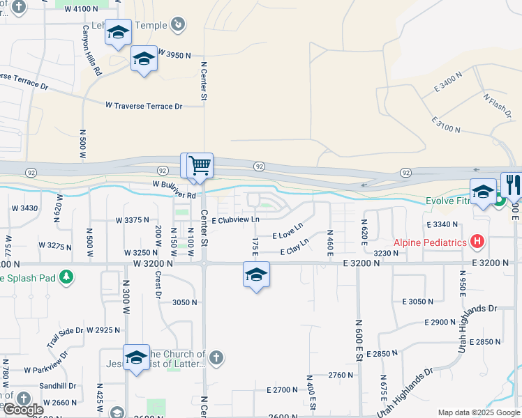 map of restaurants, bars, coffee shops, grocery stores, and more near 193 East Crosscourt Way in Lehi