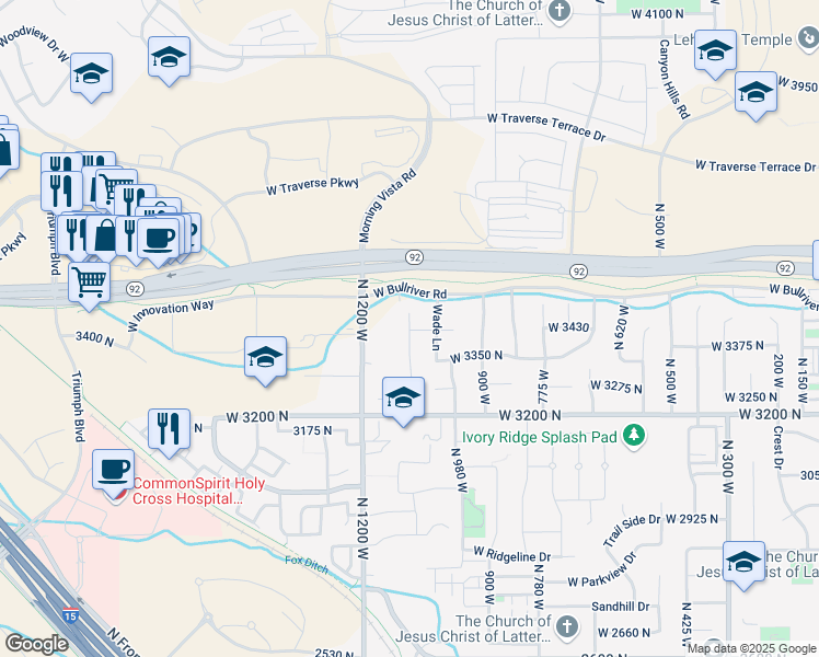 map of restaurants, bars, coffee shops, grocery stores, and more near 3468 North 1090 West in Lehi