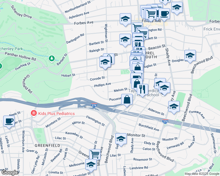 map of restaurants, bars, coffee shops, grocery stores, and more near 2215 Wightman Street in Pittsburgh