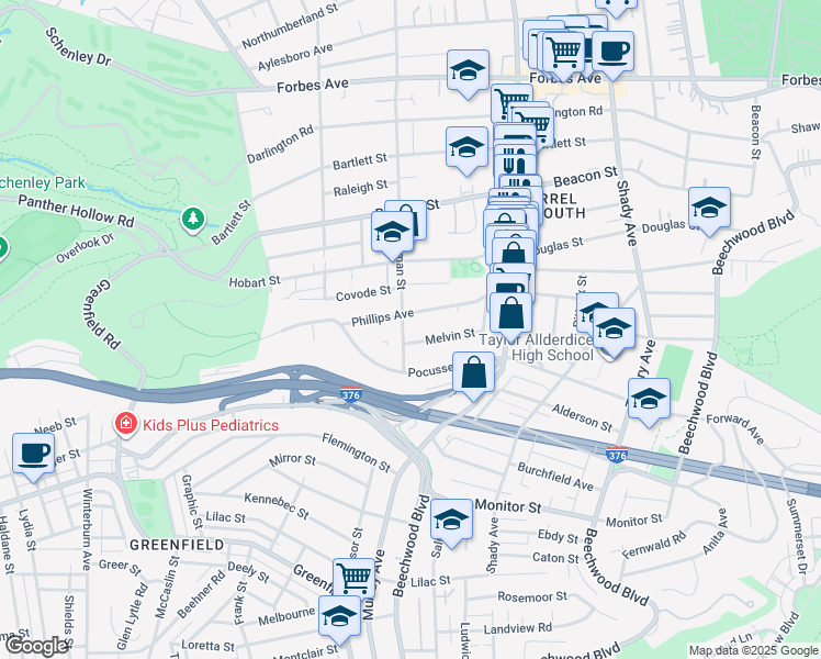 map of restaurants, bars, coffee shops, grocery stores, and more near 2215 Wightman Street in Pittsburgh