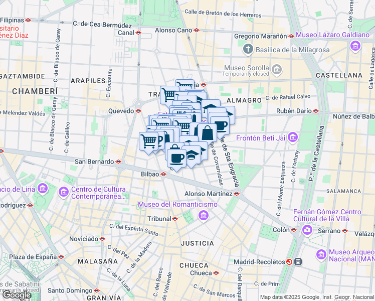 map of restaurants, bars, coffee shops, grocery stores, and more near 23 Calle Luchana in Madrid