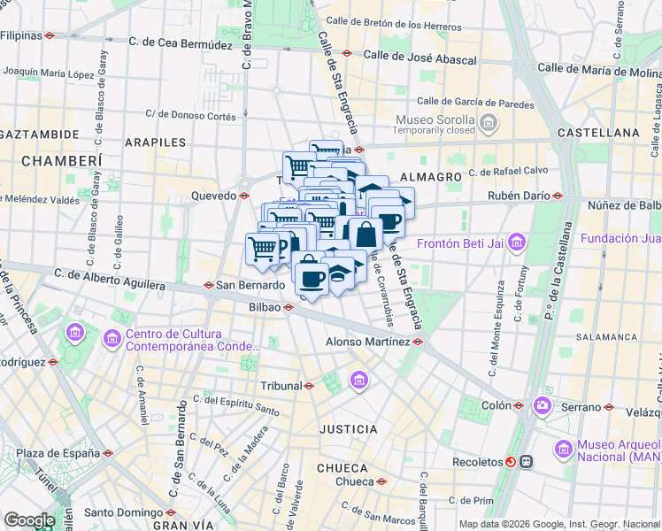map of restaurants, bars, coffee shops, grocery stores, and more near 23 Calle Luchana in Madrid
