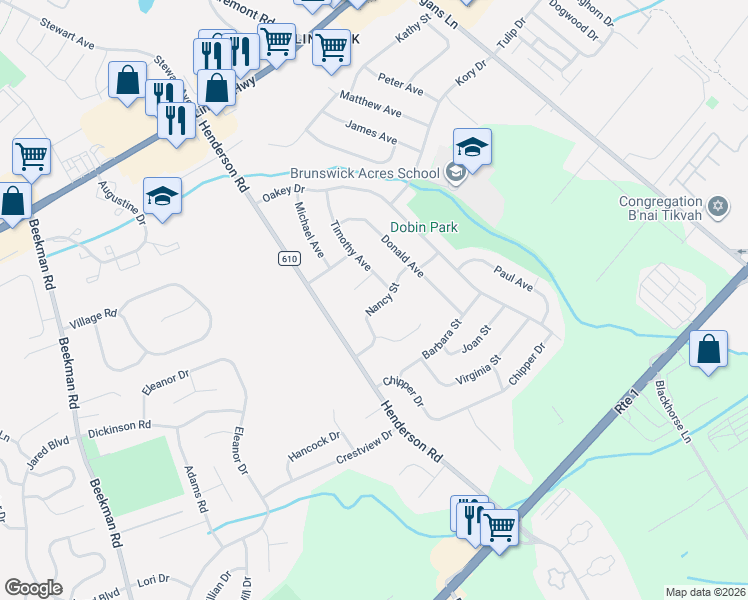 map of restaurants, bars, coffee shops, grocery stores, and more near 12 Nancy Street in South Brunswick Township