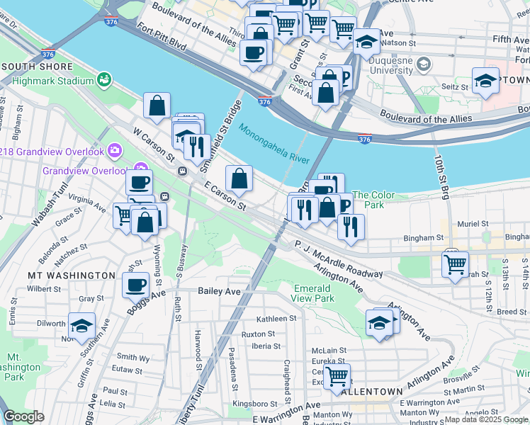 map of restaurants, bars, coffee shops, grocery stores, and more near 109 East Carson Street in Pittsburgh