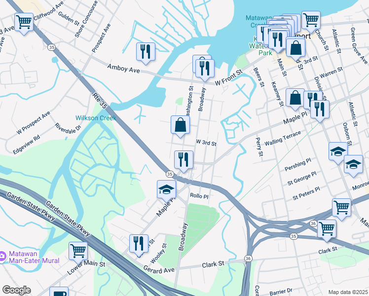 map of restaurants, bars, coffee shops, grocery stores, and more near 165 Washington Street in Keyport