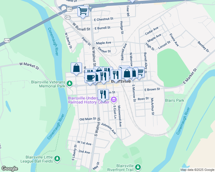 map of restaurants, bars, coffee shops, grocery stores, and more near 103 East Market Street in Blairsville