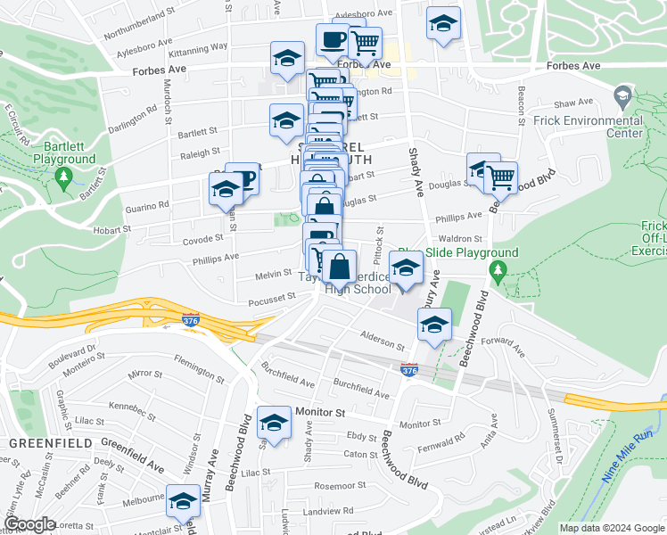map of restaurants, bars, coffee shops, grocery stores, and more near in Pittsburgh