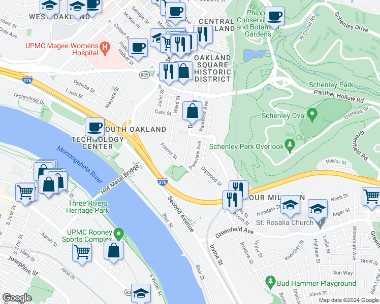 map of restaurants, bars, coffee shops, grocery stores, and more near 3255 Parkview Avenue in Pittsburgh