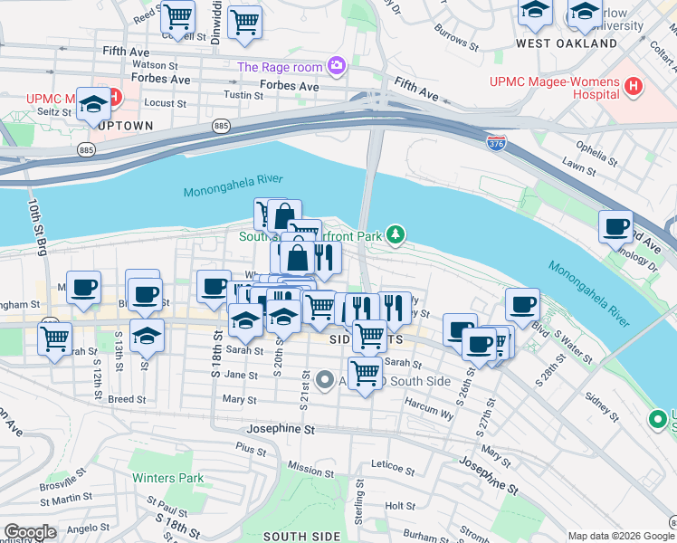 map of restaurants, bars, coffee shops, grocery stores, and more near 21 South 21st Street in Pittsburgh