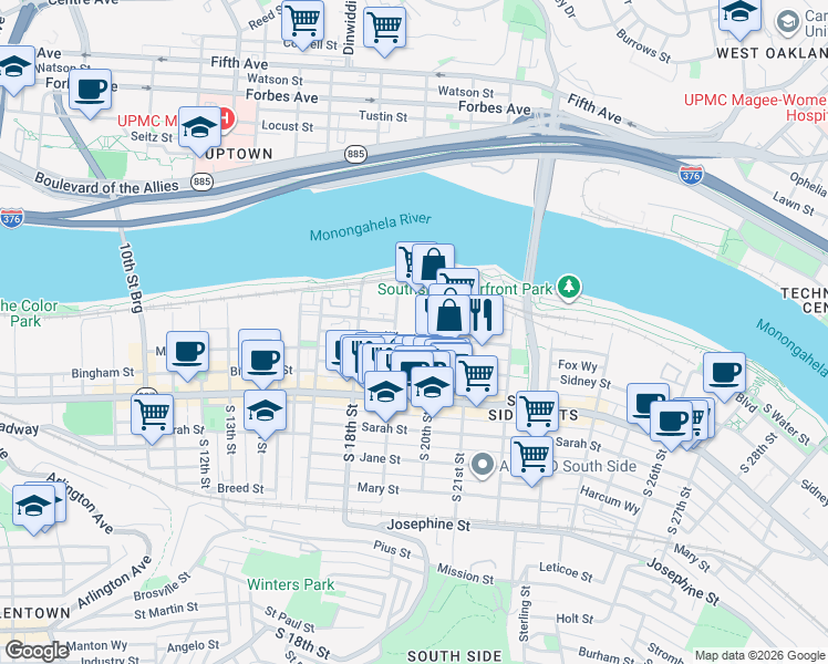 map of restaurants, bars, coffee shops, grocery stores, and more near 33 South 19th Street in Pittsburgh