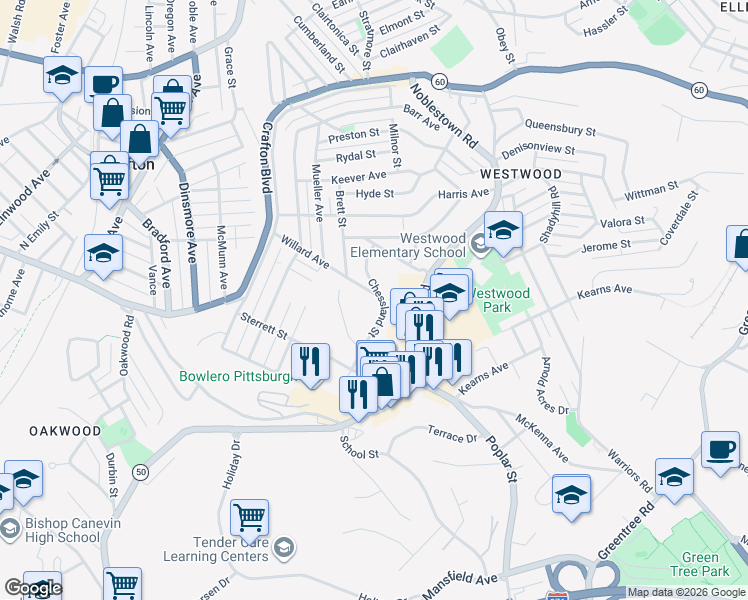 map of restaurants, bars, coffee shops, grocery stores, and more near 1793 Chessland Street in Pittsburgh