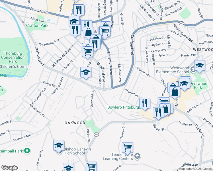 map of restaurants, bars, coffee shops, grocery stores, and more near 24 Bradford Avenue in Pittsburgh