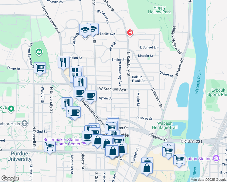 map of restaurants, bars, coffee shops, grocery stores, and more near 308 West Stadium Avenue in West Lafayette