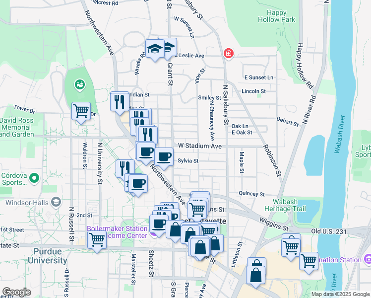 map of restaurants, bars, coffee shops, grocery stores, and more near 348 West Stadium Avenue in West Lafayette
