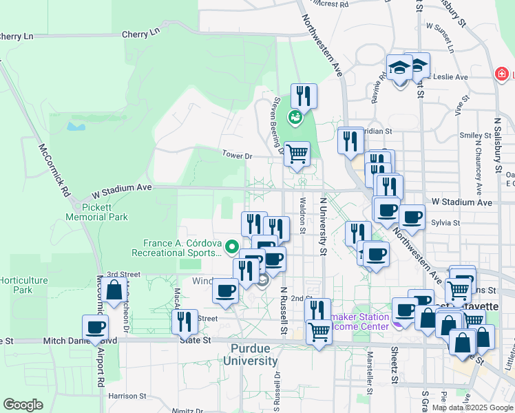 map of restaurants, bars, coffee shops, grocery stores, and more near 1165 W Stadium Ave in West Lafayette