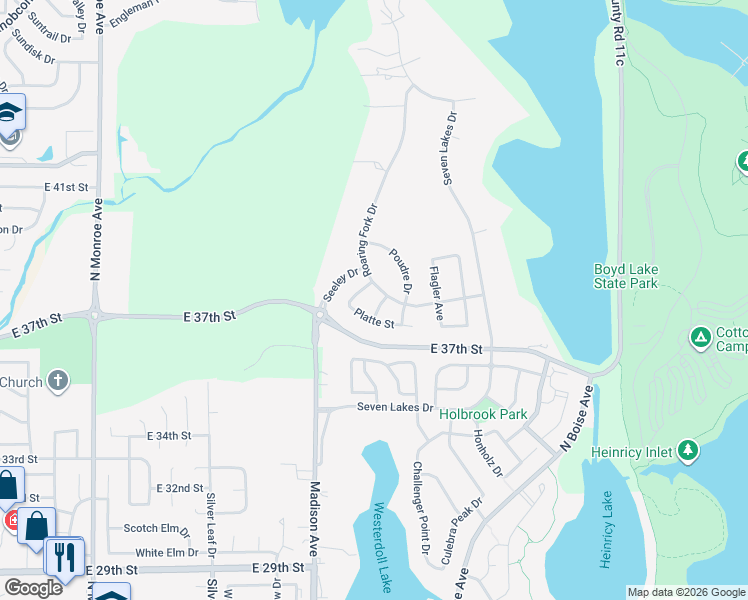 map of restaurants, bars, coffee shops, grocery stores, and more near 3793 Roaring Fork Drive in Loveland